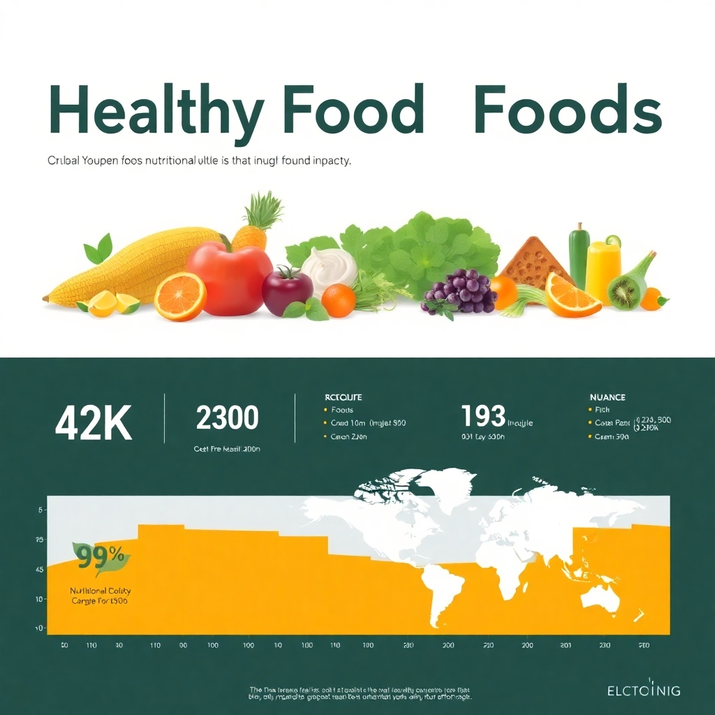 Stylized infographic combining realistic images of healthy food with data visualization representing nutritional value and global impact. Aim for a 4K resolution. The design should be clean and modern, using a visually appealing color scheme to highlight key information.  The style should be educational yet stylish. Include subtle branding elements.