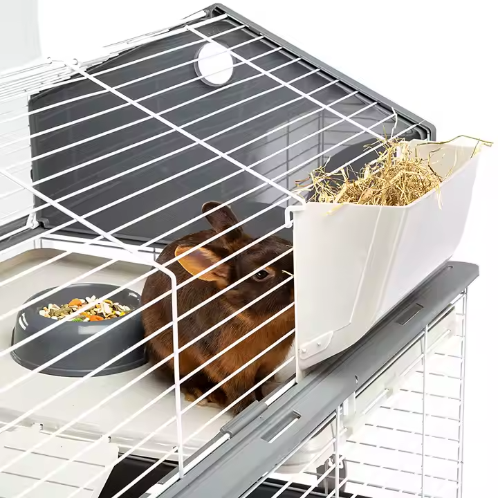 A photorealistic image of a rabbit safely nestled in a carrier, showing the appropriate care and security measures taken during transportation. The carrier should be clean, well-ventilated, and appropriately sized for the rabbit. The image should convey a sense of safety and security.