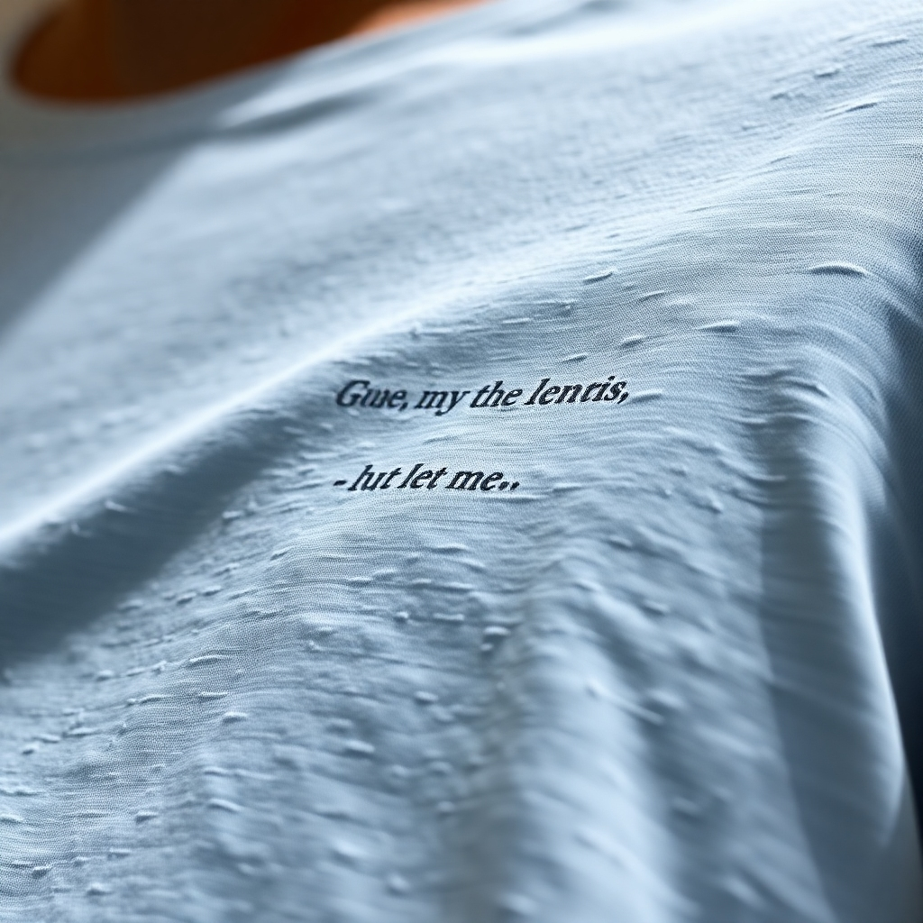 A 4K close up showcasing the texture of the fabric of the t-shirt, displaying the softness and breathability of the material.  Include the subtle, elegant print of a Rumi quote.  Use natural light for a soft and inviting aesthetic. The image should focus on the tactile qualities of the garment.