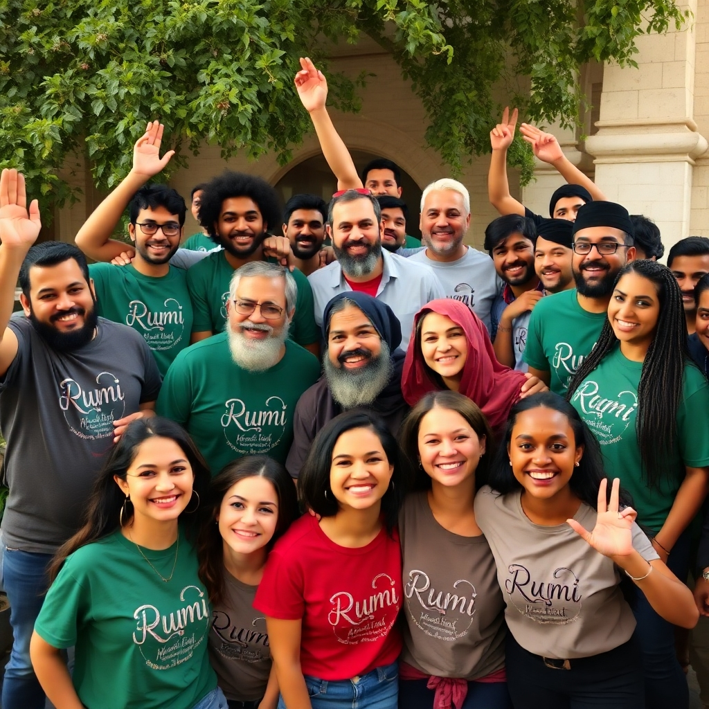A 4K image of a diverse group of people from all backgrounds enjoying and wearing Rumi Prints t-shirts in diverse settings. The image should have a cheerful, celebratory tone that suggests community and a shared love for Rumi's words.