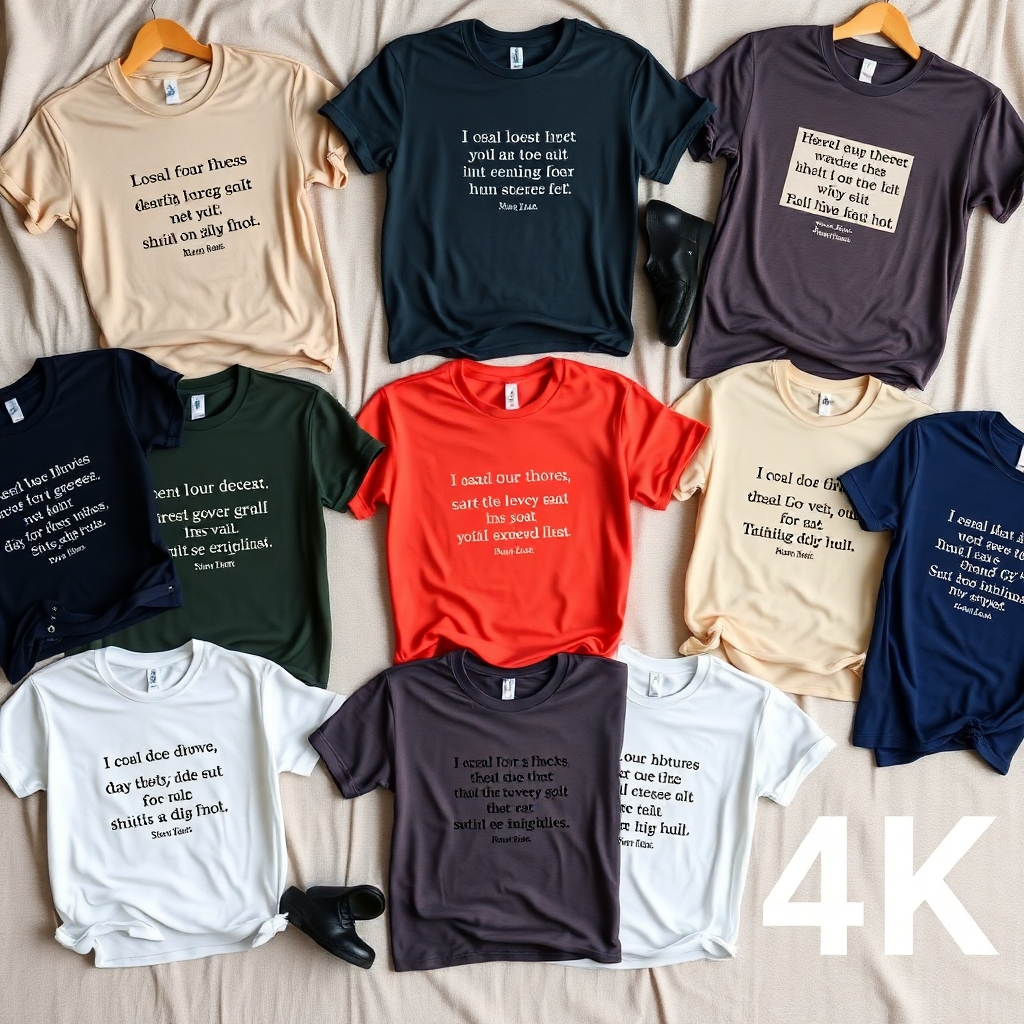 A 4K image showcasing a variety of t-shirts, each displaying different Rumi quotes.  The setting could be a neutral background, or softly textured material, providing a clean and aesthetically pleasing backdrop to highlight the t-shirts' designs.  The lighting should be bright and even, showcasing the quality of the print. Focus on different color combinations and t-shirt styles, representing variety. Aim for a visually engaging display with a focus on individual t-shirts.