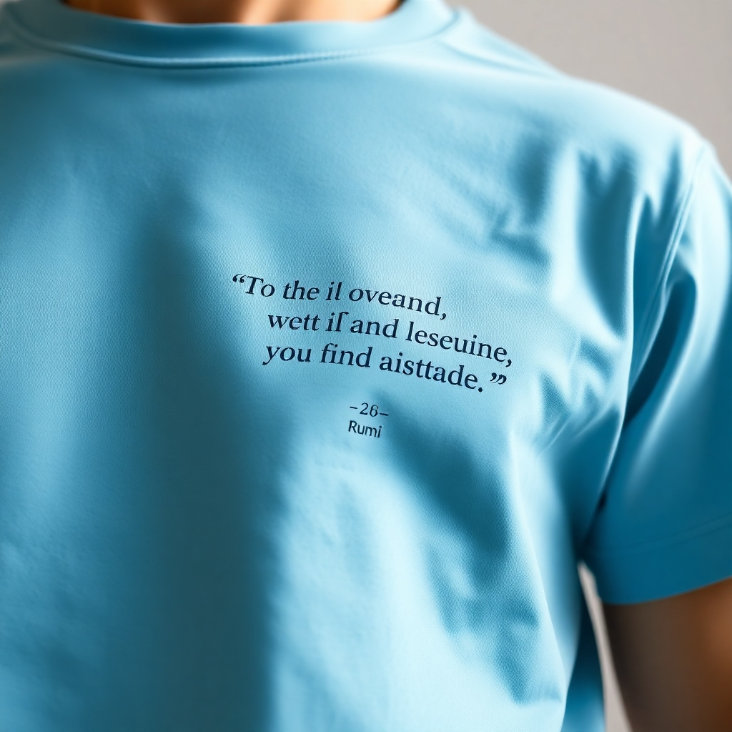 A 4K image showing a close-up of a single t-shirt with a Rumi quote. Focus on the texture and softness of the fabric and the quality of the print. Use soft, natural lighting.  The background should be simple and uncluttered, allowing the t-shirt and quote to take center stage.