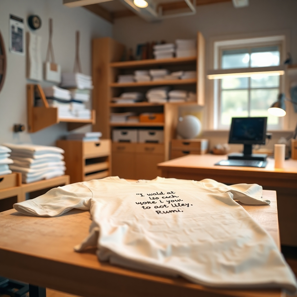 A 4K photorealistic image depicting a neatly organized workspace where t-shirts are being printed. Soft, warm lighting illuminates the scene.  The focus is on a t-shirt with a Rumi quote, partially printed, showcasing the printing process with a high level of detail. The color palette is warm and inviting, using natural wood tones and soft white accents. The image should evoke a sense of craftsmanship and care, highlighting the quality of the products and the meticulous nature of the printing process.