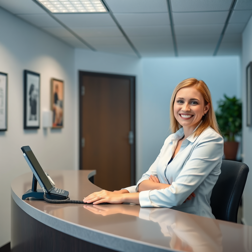 A clean, professional office environment with a friendly receptionist at the desk. A phone is ringing and a welcoming smile is on the receptionist's face.