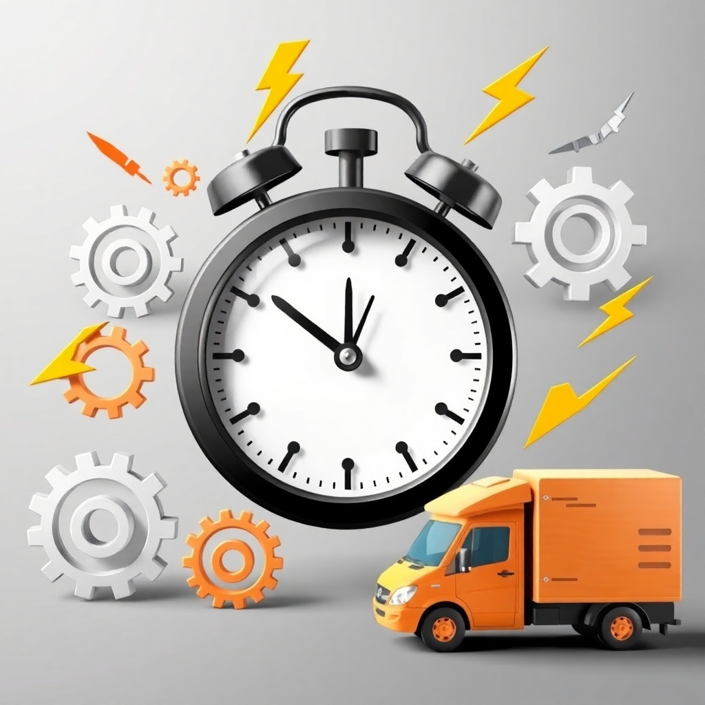 A dynamic image suggesting rapid order processing and delivery.  This could be a stylized representation of data packets flowing quickly across a network, or a time-lapse showing printed materials being rapidly packed and shipped. Use vibrant colors and fast-paced motion to convey speed and efficiency. The image should have a modern and technological feel. The style should be energetic and positive, conveying a sense of reliability and efficiency.