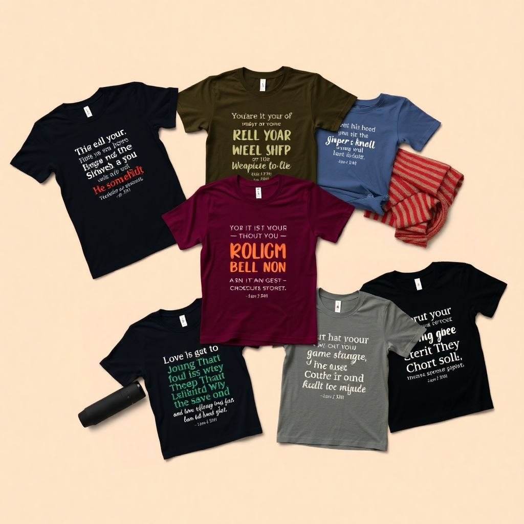 A flat lay image showing several different t-shirt designs with Rumi quotes, showcasing the diversity and creativity of the designs. The background should be a simple, neutral tone.  The lighting should highlight the color palettes and text details of each design.