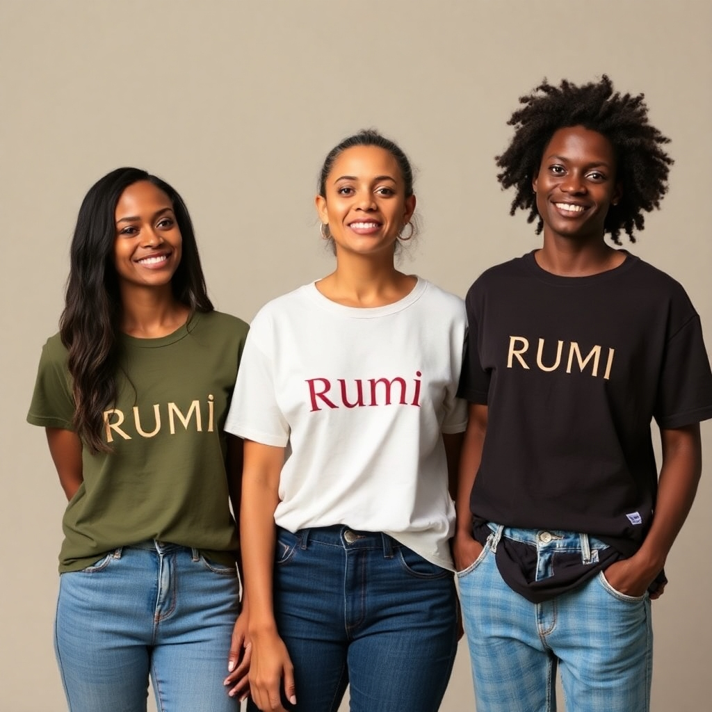 A lifestyle image of three different models of different ages and ethnicities wearing different Rumi Prints t-shirts, with a muted background. The mood should be light and airy. The image should feel natural, rather than posed, and use soft lighting.