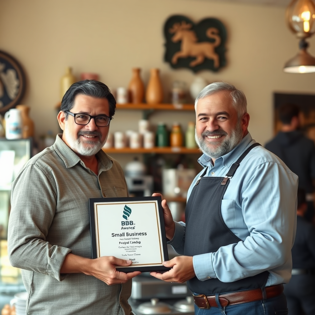 BBB award presentation to a business owner.