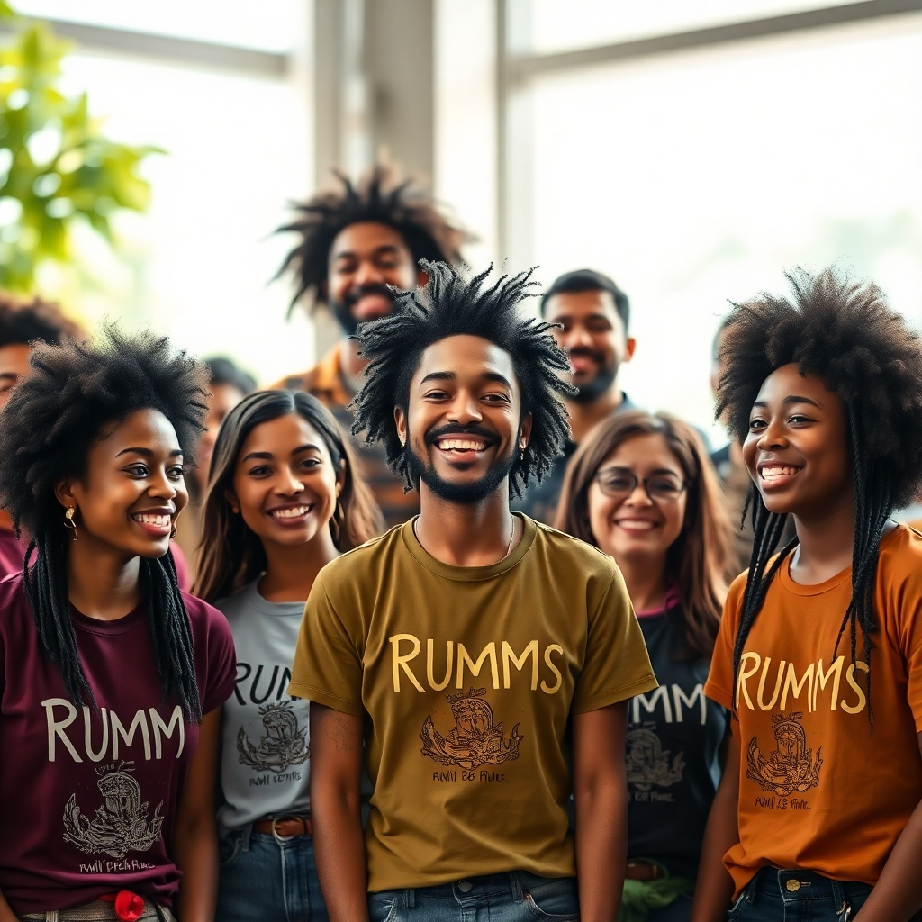 A photorealistic image depicting a diverse group of people wearing Rumi Prints t-shirts in various settings. Focus on capturing the unique style and self-expression of each individual. Use natural and dynamic lighting, and use a color palette that reflects diversity and individuality.  Capture expressions of contentment and self-assuredness. Use a depth of field to highlight each person's individuality while creating unity through the shared theme.