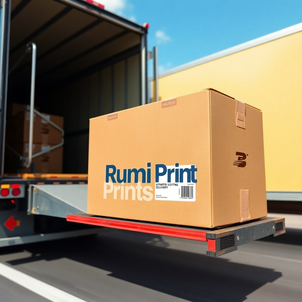 A photorealistic image of a shipping box labeled "Rumi Prints" being carefully loaded onto a delivery truck. The overall image should convey a sense of efficiency and speed. The box may be shown with a tracking label as a symbolic representation of the reliability of the service.