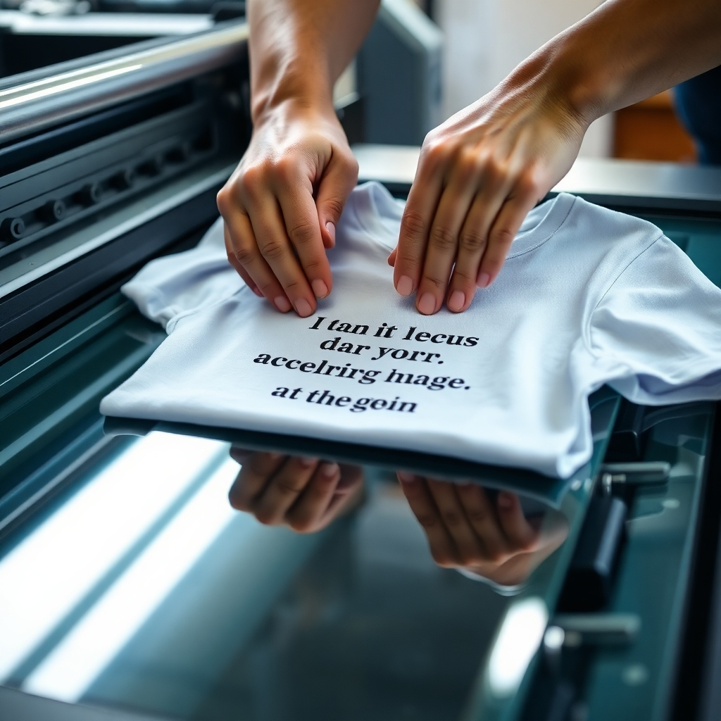 A photorealistic image showing a close-up of a person's hands carefully placing a t-shirt with a Rumi quote onto a printing press. The lighting should be bright and focus on the detail of the printing process. The overall mood should feel professional and precise, reflecting the high quality of the service.