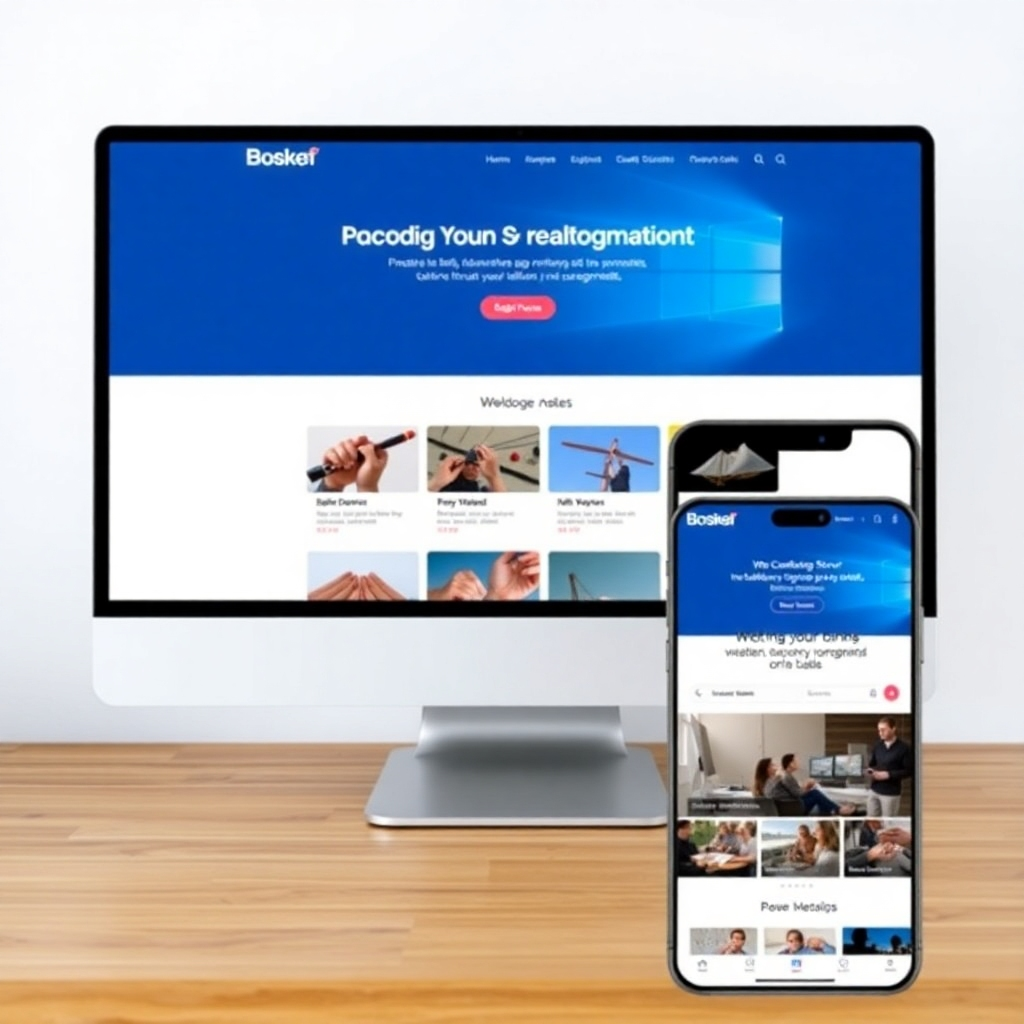 A split-screen image showcasing the website displayed on a desktop computer and a smartphone, maintaining its design and functionality across various screen sizes.  Style: Modern and responsive. Technical Specs: 4K resolution