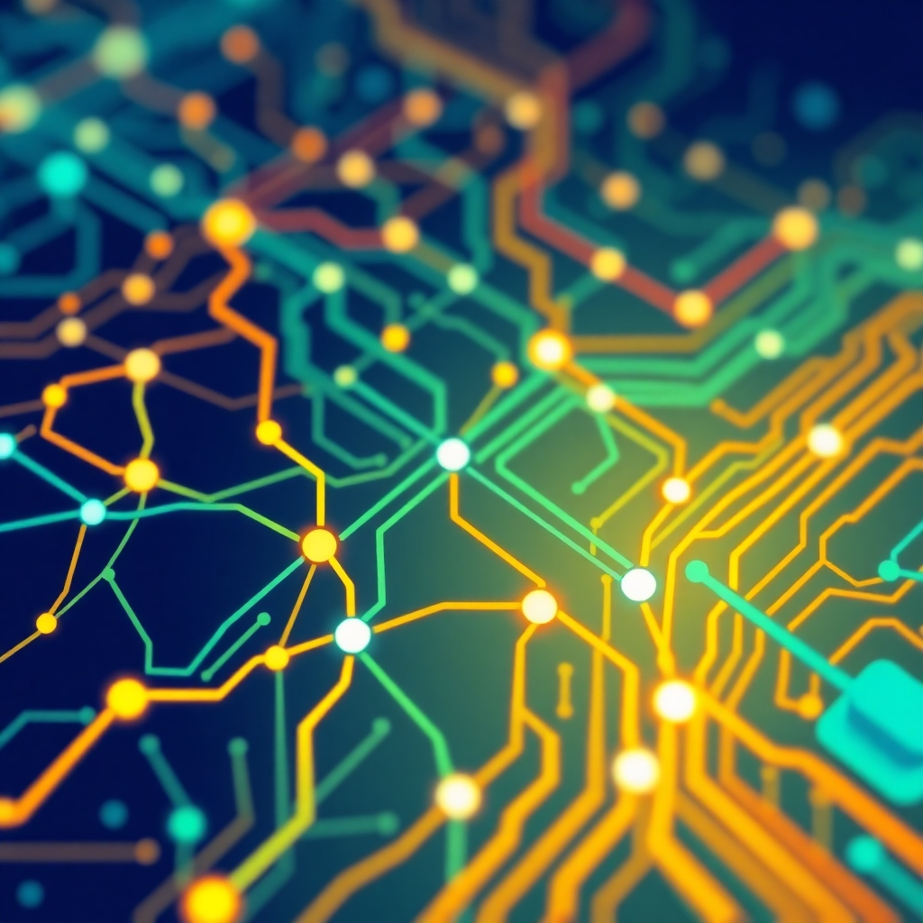 A stylized image depicting interconnected nodes and pathways, representing the seamless flow of data and connectivity. Use a color palette of blues, greens, and oranges to represent technology and growth. The image should be crisp and modern, reflecting our commitment to providing innovative solutions. Use a slightly elevated angle to suggest overview and connectivity. Style references: abstract data visualization, circuit board patterns. Technical Specs: 4K resolution, high quality