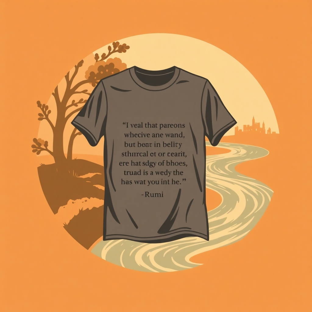 A stylized image using a vintage aesthetic, showcasing a single t-shirt with a Rumi quote on it.  The color palette should consist of warm earth tones. The background may include a symbolic image related to Rumi's poetry, such as a stylized representation of a garden or a flowing river.  Aim for a mood that evokes serenity and introspection.
