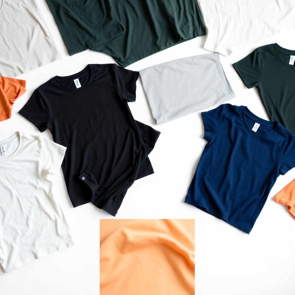 A well-lit studio photo showing several t-shirts arranged on a clean, white background. The different colors and sizes of the t-shirts should be clearly visible, along with close-up shots highlighting the softness of the fabric. The mood should be clean, modern and organized.