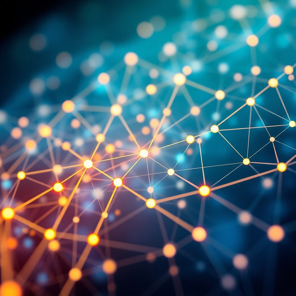 An abstract image representing a network of connections, using a color palette of blues, greens, and oranges.  Style: Abstract, futuristic, and professional. Technical specs: 4K resolution