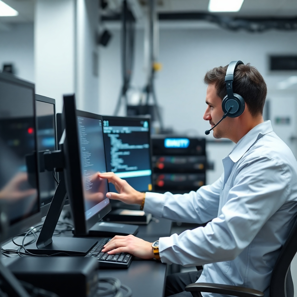 An image depicting a technician working on a computer, surrounded by modern IT equipment. The style is modern, clean and professional.  Camera angle: Slightly elevated, showing the technician's focus and expertise. Technical specs: 4K resolution