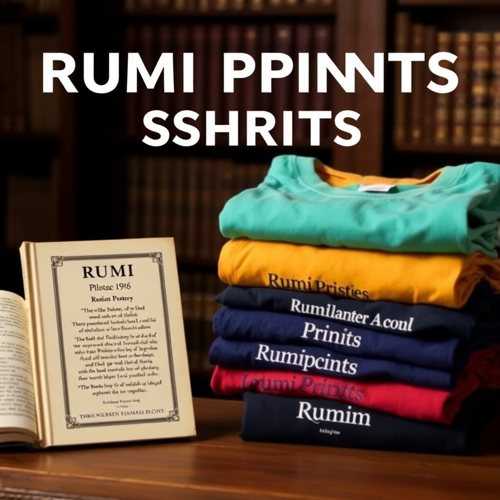 An image featuring a book of Rumi's poetry next to a stack of Rumi Prints t-shirts, creating a visual connection between the source material and the merchandise. The background should be a classic study or library setting.  Focus on highlighting the connection between Rumi's legacy and the t-shirts' message.