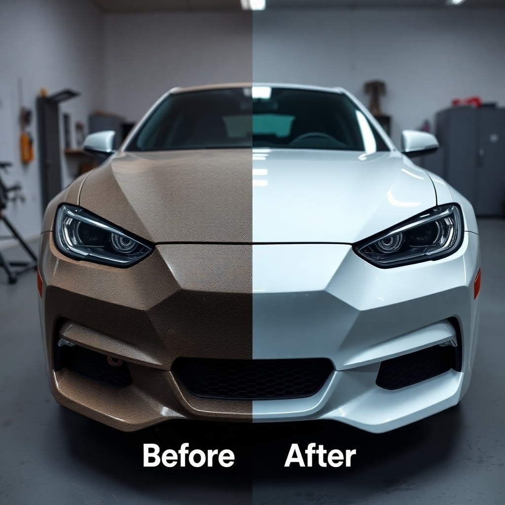 Create a 4K resolution image depicting the essence of RK Auto Detailing's services. The image should feature a before-and-after split screen, showing a car undergoing transformation from dull and unkempt to gleaming and pristine after detailing and wrapping.  The left side (before) should appear slightly dark and dull, while the right side (after) should be brightly lit, showing a polished finish. The color palette should be contrasting, highlighting the improvement.  The camera angle should be straight-on to show the difference clearly. Texture should emphasize the transformation, with the before side appearing rough and neglected, and the after side appearing smooth and shiny. The environment should be a clean workshop background.  Style references could include product-focused photography and before/after comparison shots. The overall style should be clean and professional, effectively communicating transformation and improvement.