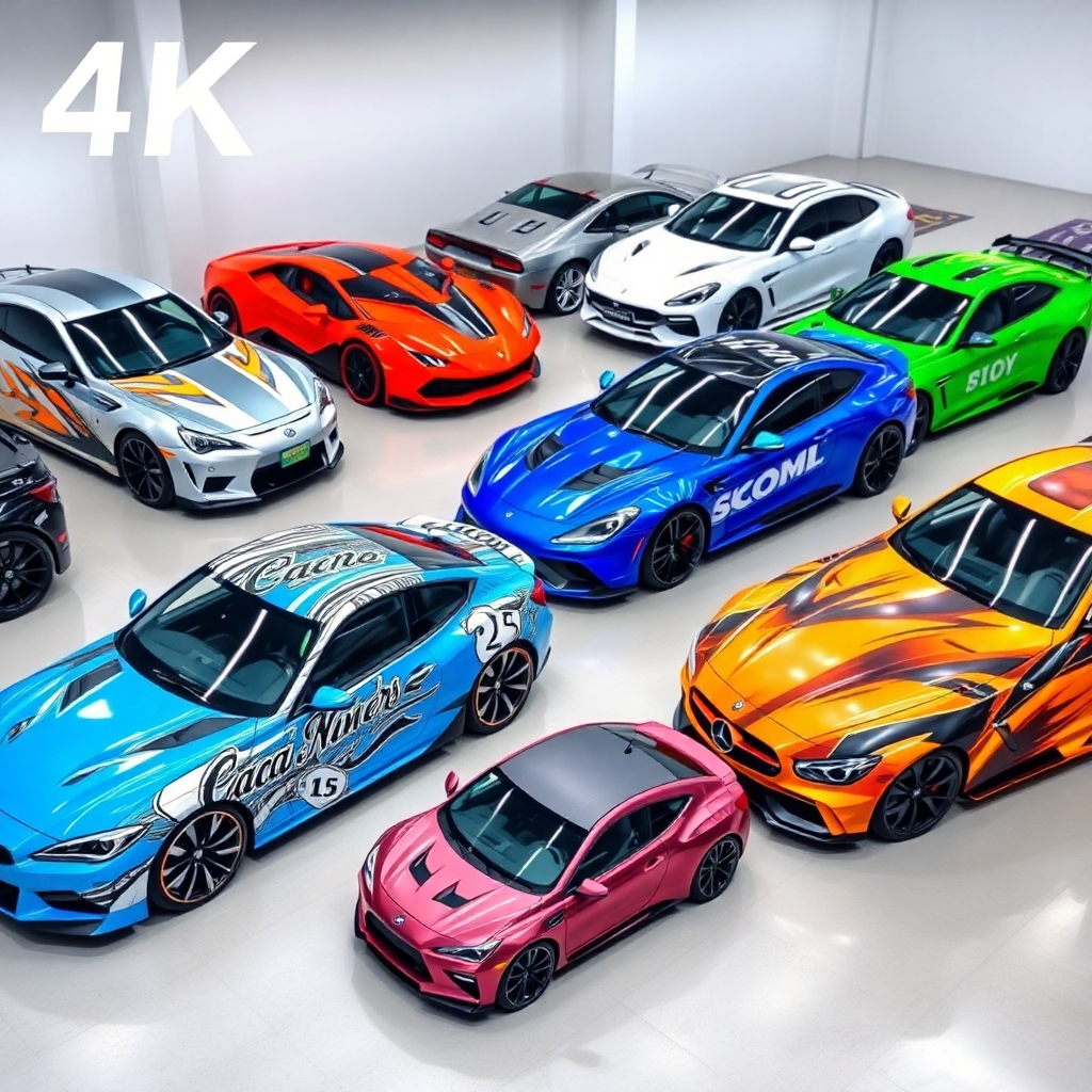 Create a high-quality image showcasing several custom wrapped cars of different colors and designs.  4K resolution, bright and well-lit environment, variety of car makes and models. Focus should be on the quality of the wraps and the style options.