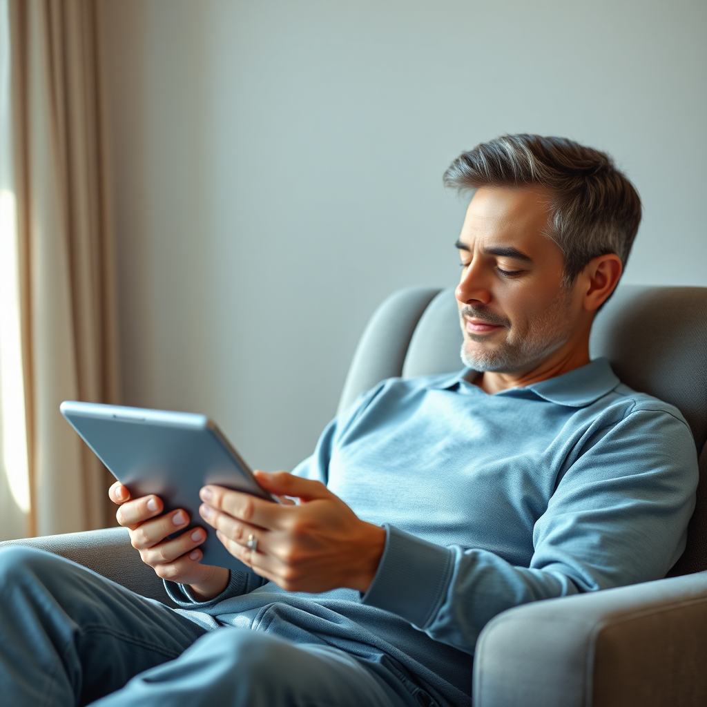 Create a photorealistic image depicting a relaxed individual sitting in a comfortable chair, looking at a clear and concise financial report on a tablet. Soft, natural light illuminates their face, conveying a sense of peace and tranquility. The background is blurred, emphasizing the individual's calm focus. The color palette should be dominated by calming blues and greens. Render in high resolution.