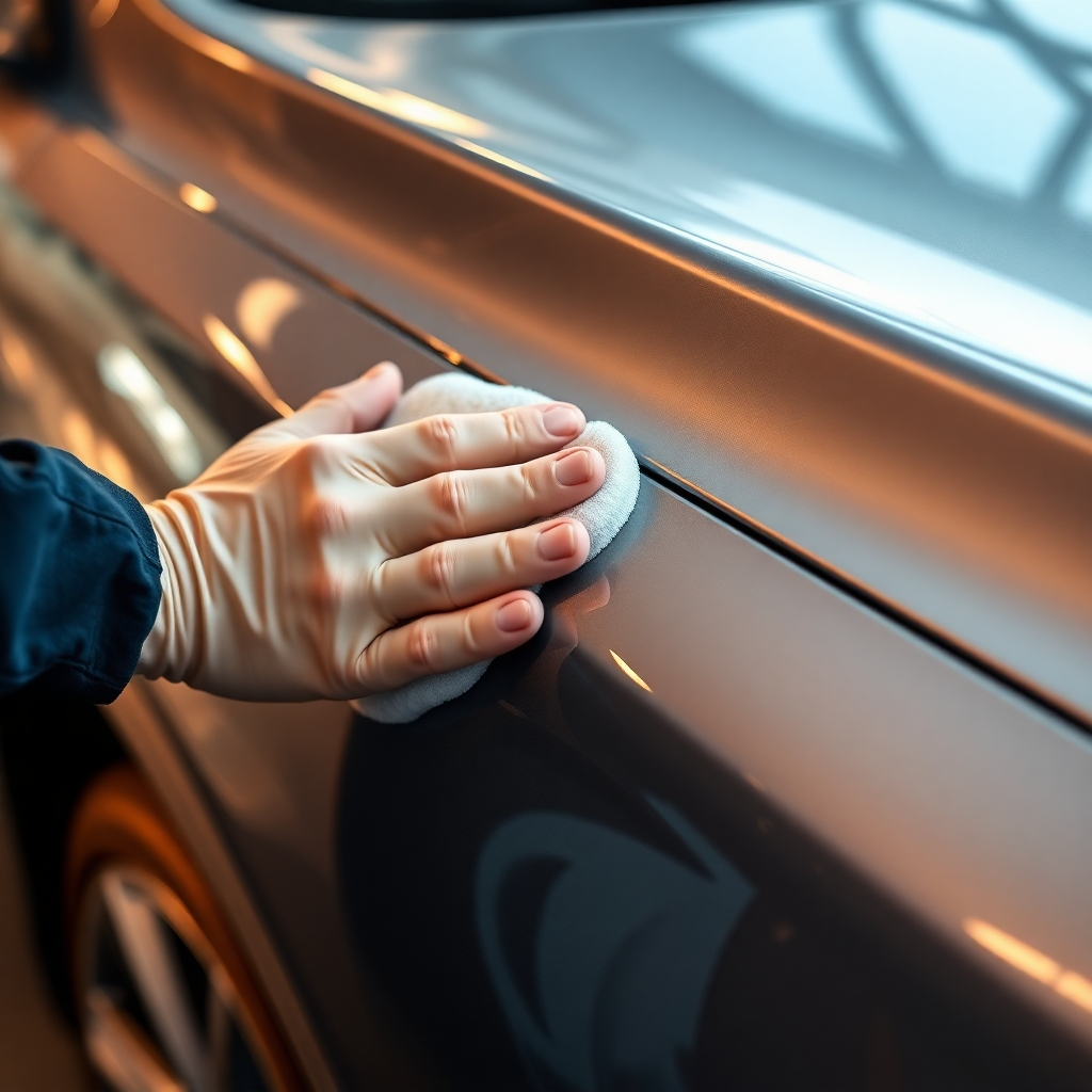 Create a photorealistic image showcasing the meticulous process of exterior car detailing. The image should capture details like polishing and waxing, highlighting the gleaming finish of a car. High quality, 4K resolution, soft and warm lighting.