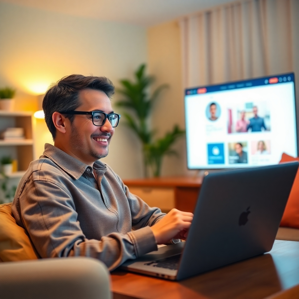 Create a photorealistic image of a user having a positive experience with a website. The image should depict a feeling of ease and satisfaction. Lighting should be warm and welcoming. The color palette should be cheerful and inviting. The camera angle should be over the user's shoulder. The overall texture should be smooth and high-quality. The environment should be relaxed and inviting. Relevant props could include a user, a laptop, and a visually appealing website. Style references include high-quality images of users and websites.