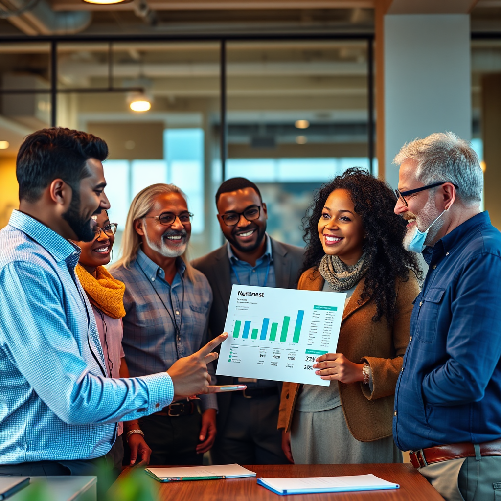 Create a photorealistic image showcasing a diverse group of business owners consulting with a NumNest accountant. The scene should take place in a modern office setting. Each business owner should represent a different industry (e.g., restaurant, construction, retail). The accountant is pointing to a customized financial report displayed on a large monitor. Emphasize trust and collaboration by capturing genuine smiles and attentive body language. The lighting should be warm and inviting, with a color palette dominated by blues and greens. Focus on details like the texture of the report, the expressions on their faces, and the ambient lighting of the office. Render in high resolution.