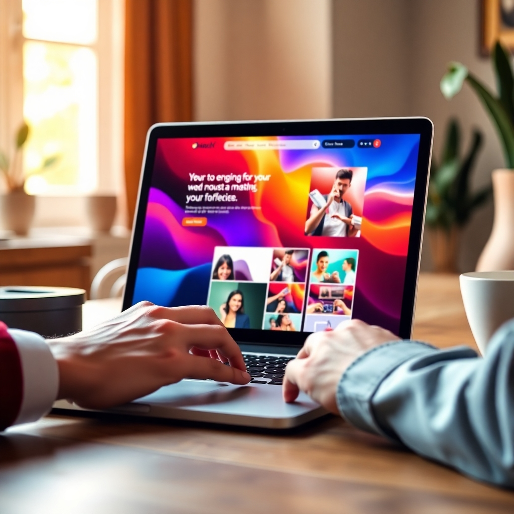 Create a photorealistic image of a user interacting with a vibrant and engaging website on a laptop. The image should focus on the website's user interface. Lighting should be natural and warm, creating a comfortable ambiance. The color palette should be modern and stylish, reflecting the website's design. The camera angle should be close-up, focusing on the user's interaction with the site. The overall texture should be smooth and high-quality, reflecting the website's modern design. The environment should be a stylish workspace. Relevant props could include a laptop, keyboard, and hands interacting with the site. Style references include high-end laptop displays and websites.