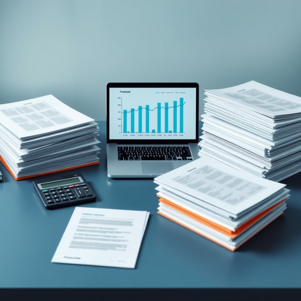 Create a photorealistic image of a perfectly organized and uncluttered desk. On the desk, arrange stacks of neatly labeled folders, a sleek laptop displaying a clear financial report, and a high-quality calculator. The lighting should be soft and even, highlighting the cleanliness and orderliness. The color palette should be dominated by calming blues and greens, evoking a sense of trust and reliability. Focus on the textures of the paper, the reflections on the laptop screen, and the precision of the arrangement. Render in high resolution.