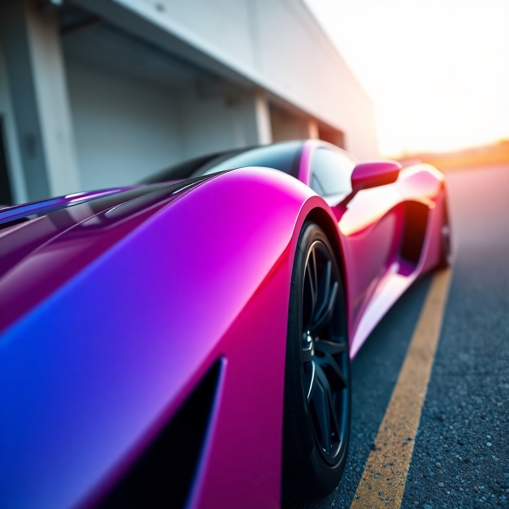 Create a photorealistic, ultra-high-quality 8K resolution image for RK Auto Detailing's header.  The image should depict a sleek, modern sports car, meticulously detailed and showcasing a vibrant custom wrap. The car should be the central focus, positioned slightly off-center, with a shallow depth of field to blur the background. The lighting should be soft and natural, perhaps early morning or late afternoon sun, casting gentle shadows. The color palette should be rich and vibrant, emphasizing the glossy finish of the car and the vivid colors of the wrap.  The camera angle should be slightly low, emphasizing the car's curves. Textures should be highly detailed, showing the smooth curves of the car's body, the intricate details of the wrap, and the reflections of the surrounding environment. The environment should be a clean, modern setting, perhaps a minimalist garage or a sleek parking lot.  Relevant props could include subtle lighting elements, showcasing the car's beauty.  The style should reference high-end automotive photography, aiming for a hyperrealistic look with exceptional detail and clarity. Think of the style of renowned automotive photographers such as Lars Kjaer, showcasing the details and the overall visual appeal of the vehicle and the wrap.