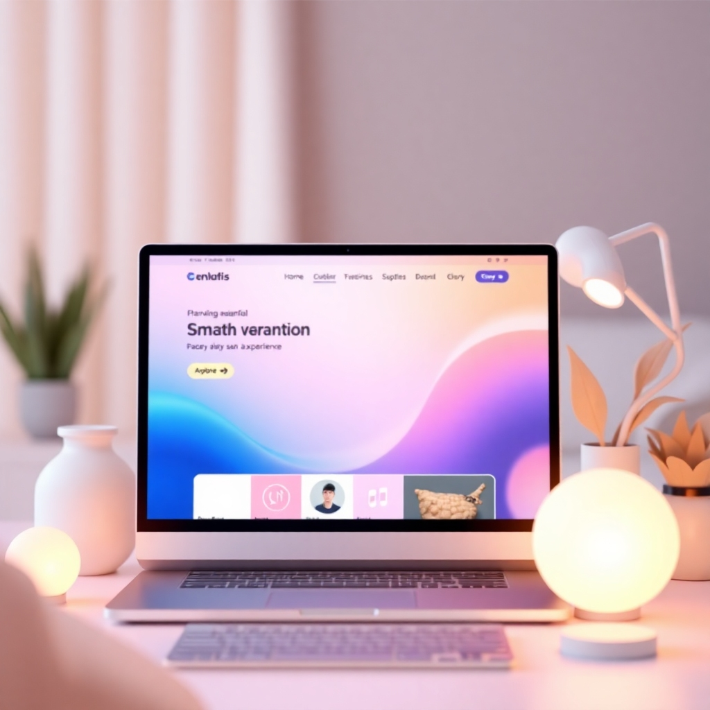 Create a stylized 3D render depicting a beautiful website interface, representing seamless user experience. The image should be a close-up, focusing on smooth transitions and engaging design elements. The lighting should be ambient and warm, creating a comforting atmosphere. The color palette should be bright and cheerful, with a modern and minimalistic aesthetic. The camera angle should be straight-on, focusing on the screen. The overall texture should be smooth and clean. The environment should be minimalistic and uncluttered. Relevant props could include interactive buttons and smooth transitions. Style references could include minimalistic website designs and UI design mockups.