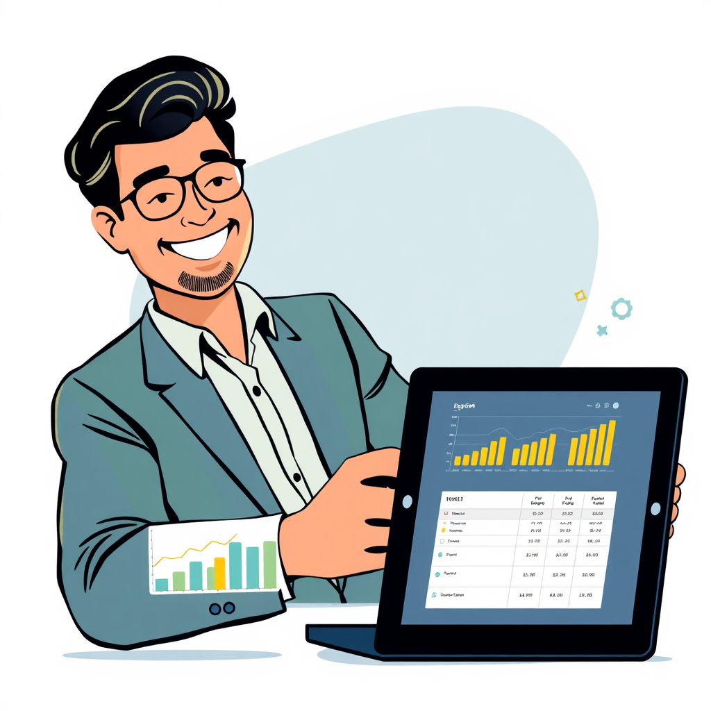 Create a stylized image depicting a business owner effortlessly balancing multiple tasks on a single device (laptop or tablet). The device displays financial charts and payroll information. The business owner is smiling and relaxed, conveying a sense of control and ease. The background should be clean and minimalist, with subtle abstract elements. The color palette should be vibrant and modern, using a combination of blues, greens, and yellows. Render in high resolution.