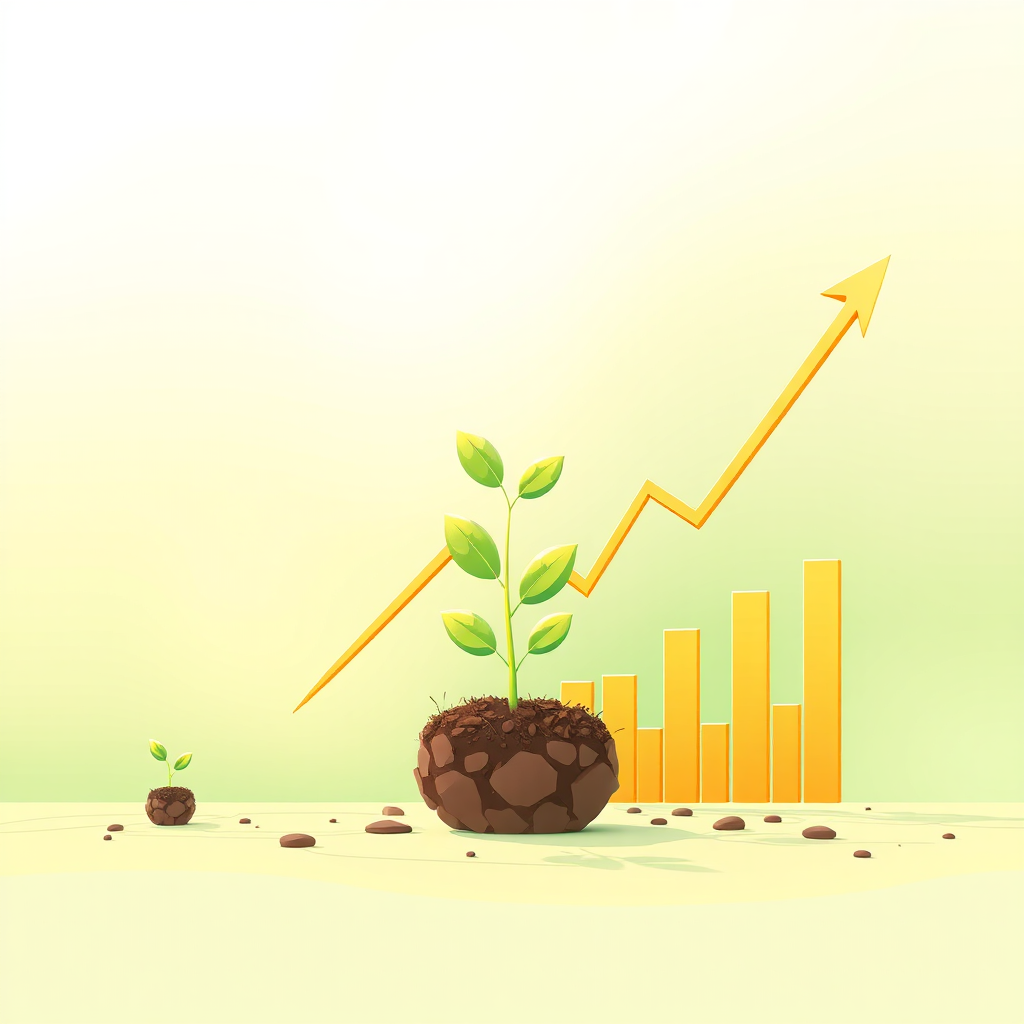Create a stylized image depicting a business growing rapidly from a small seed into a large and thriving enterprise. Use financial charts and graphs to represent the growth. The background should be bright and optimistic, with a color palette dominated by greens and yellows. Render in high resolution.