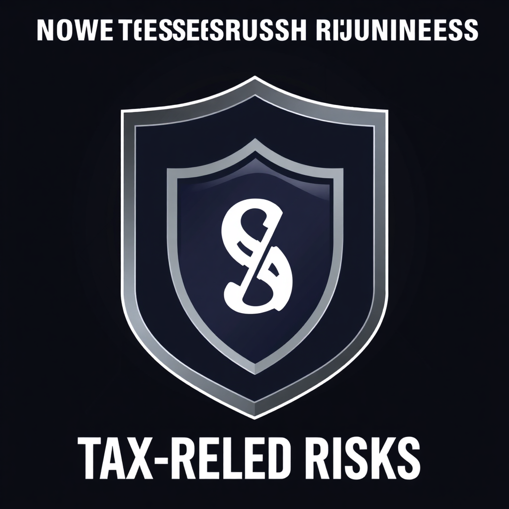 Create a stylized image depicting a shield protecting a business from tax-related risks. The shield should be clean and modern, with a stylized tax symbol. The background should be dark and ominous, emphasizing the potential dangers of non-compliance. The overall impression should be one of security and protection. Render in high resolution.