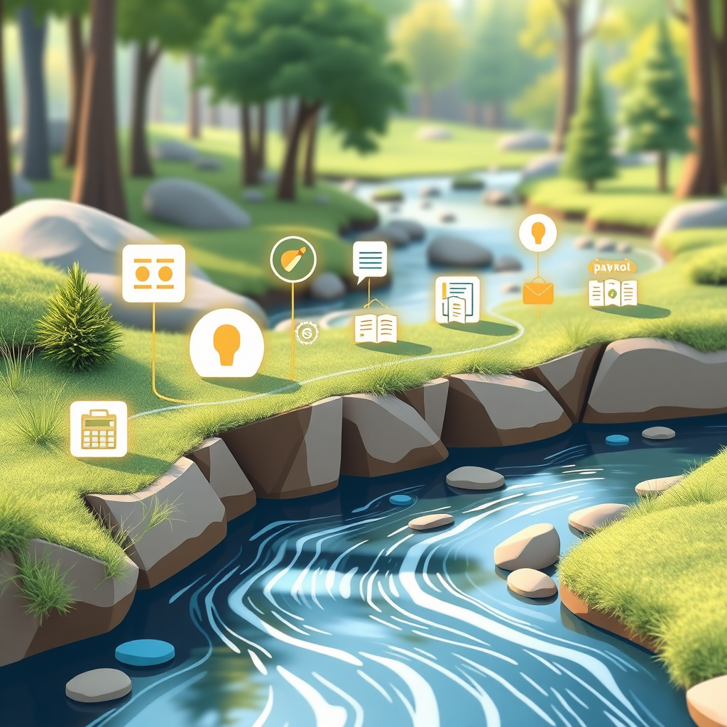 Create a stylized image depicting a stream flowing smoothly through a digital landscape. Along the stream, depict various icons representing payroll tasks (e.g., calculating wages, paying employees, filing taxes). Use a clean and modern design with a vibrant color palette. The stream represents the streamlined payroll process, emphasizing efficiency and simplicity. Render in high resolution.