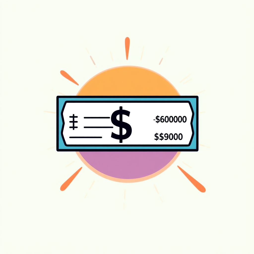 Create a stylized image depicting a paycheck with a positive net amount. Use vibrant colors and modern graphics to represent the financial transaction. The background should be bright and optimistic, conveying a sense of security and prosperity. Render in high resolution.