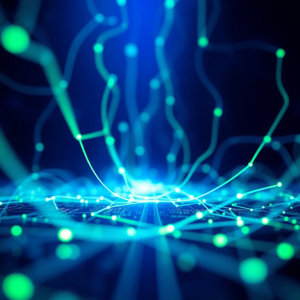Create a stylized image representing data flow through a network, representing the efficiency and connectivity of modern development. The image should focus on the interconnectedness of data. Lighting should be dynamic and engaging, creating a sense of movement and energy. The color palette should be deep blues and greens, highlighting connectivity. The camera angle should be angled slightly upward. The overall texture should be sharp and defined, symbolizing precision. The environment should feel clean and modern. Relevant props could include glowing lines and abstract shapes. Style references include circuitry and network diagrams.