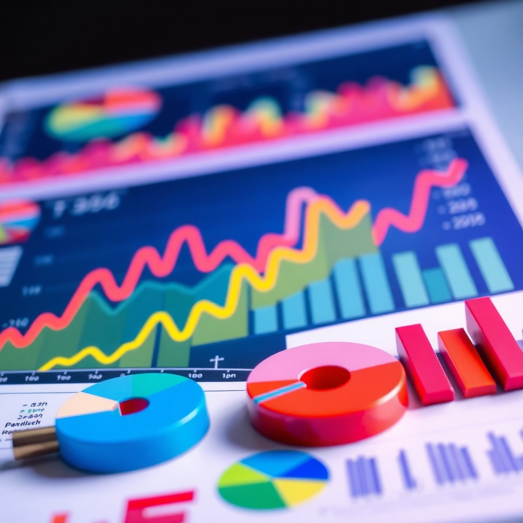 Create a stylized image using charts and graphs to represent data analysis and insights. The image should visually showcase trends and patterns, conveying insights. Lighting should be focused, with sharp highlights on key data points. The color palette should consist of bright colors, with a strong contrast between background and foreground. The camera angle should be slightly overhead, offering a comprehensive view of the data. The overall texture should be smooth and sharp, ensuring readability. The environment should be clean and modern. Relevant props could include line graphs, pie charts, and bar charts. Style references include data visualization design and modern infographics.