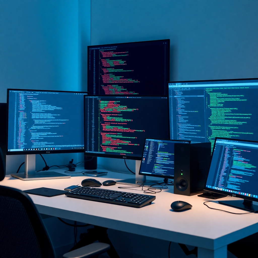 Depict a clean and organized coder's workspace with code on several screens, highlighting efficient development processes. Use a palette of blues, greens, and grays. The overall feel should be efficient and professional. The style should be photorealistic with a focus on the details and accuracy of the setup.