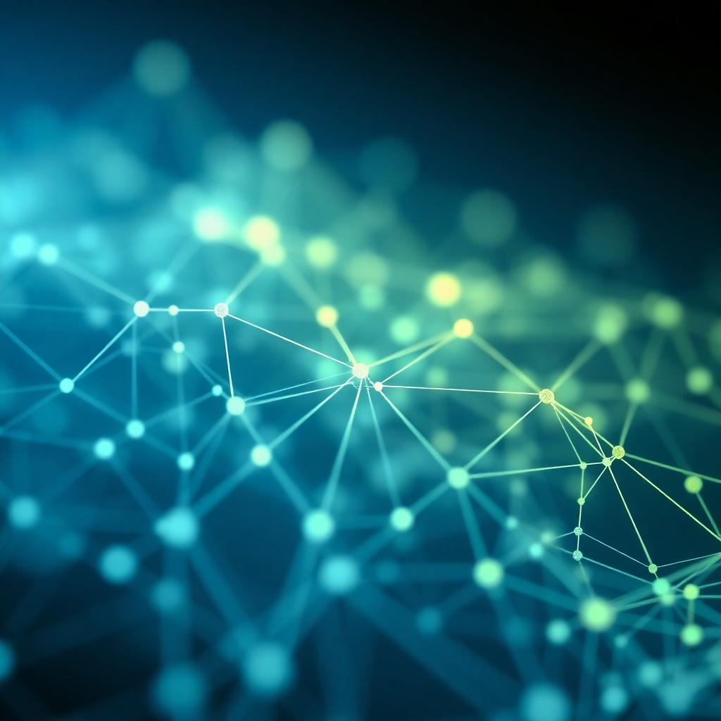  Generate a photorealistic image depicting a strategic marketing plan visualized as an interconnected network of nodes and lines. The image should be a close-up shot, with sharp focus on the intricate network. Lighting should be soft and even, with a slightly diffused glow around the network. The color palette should be a gradient of blues and greens, symbolizing growth and connection. The camera angle should be straight-on, ensuring all elements are clearly visible. The overall texture should be smooth and clean. The environment should be minimalistic and abstract. Relevant props could include abstract geometric shapes and lines. Style references could include data visualizations and network graphs.