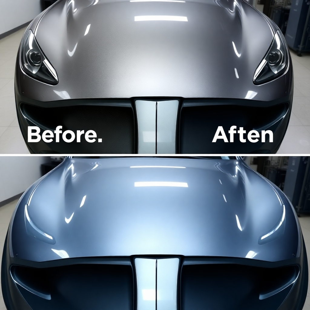 Photorealistic image: A 'before and after' comparison of a car. The 'before' image should be dull, while the 'after' should be vibrant and polished, clearly showing the transformative effect of RK Auto Detailing's services. High-quality 4K resolution, emphasizing the difference.