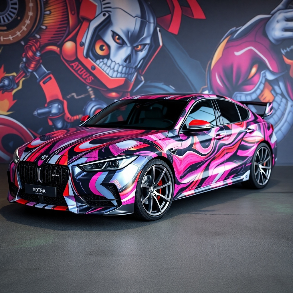 Photorealistic image: A car showcasing a unique and eye-catching custom wrap, set against a visually interesting background. High quality 4K resolution, emphasizing the vibrancy and details of the wrap, possibly including reflective or metallic textures. The background should contrast well with the wrap, highlighting its uniqueness.