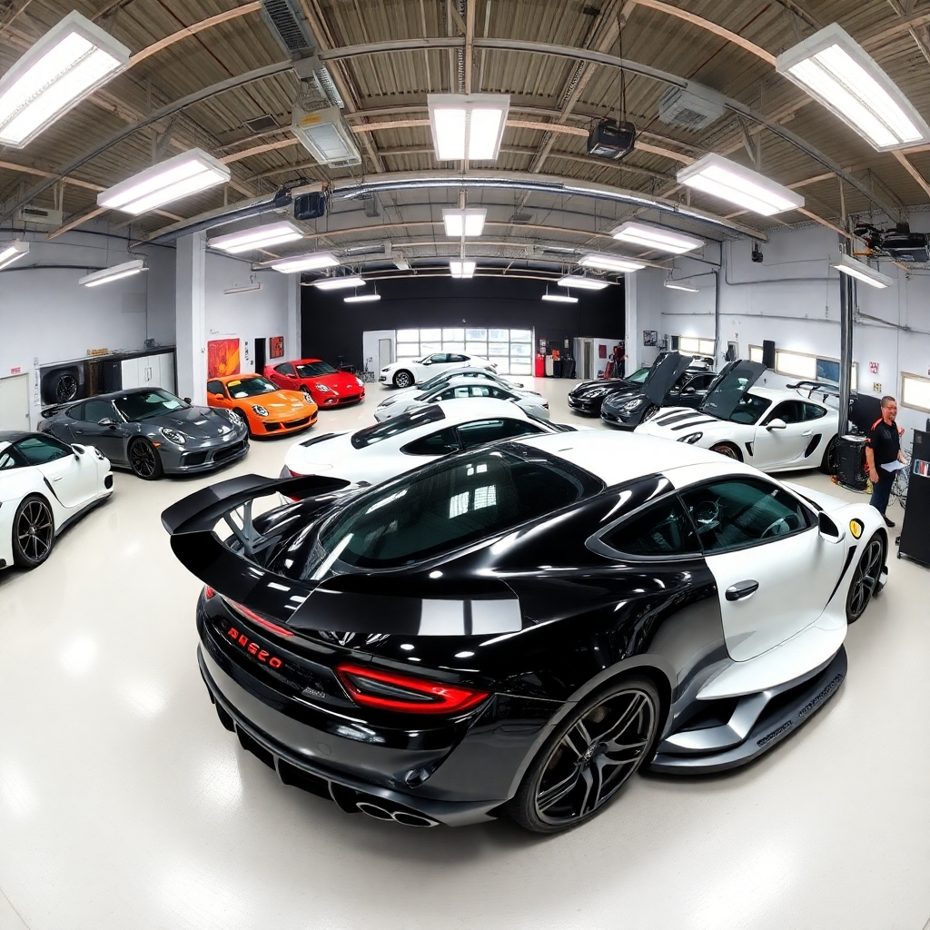 Photorealistic image: A panoramic view of a luxurious garage where various cars are undergoing different stages of detailing and wrapping.  Show an organized and clean environment with happy clients and staff. Style should aim for a high-end professional workshop look, with clean lines and premium materials suggested.