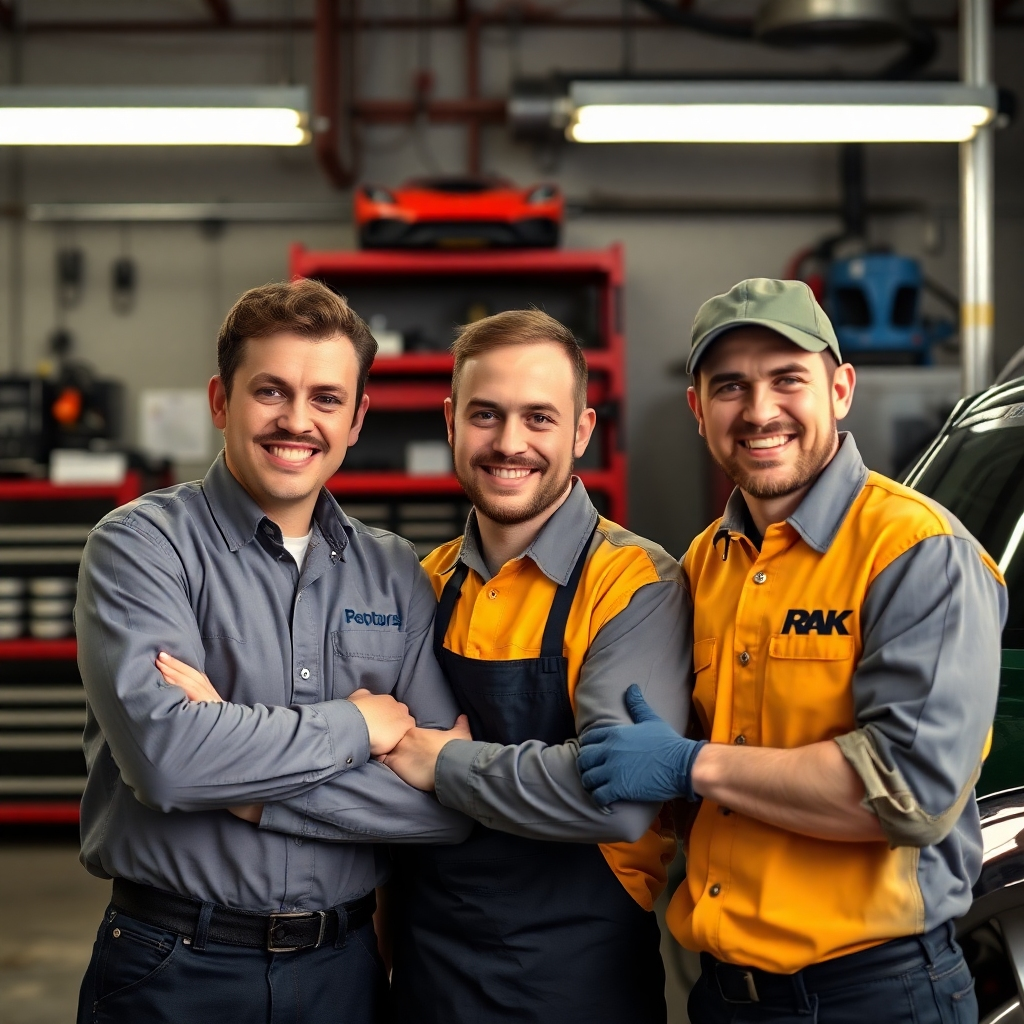 Photorealistic image: A portrait-style shot of the RK Auto Detailing team in action, showcasing their skills and dedication. The team should look professional and passionate, reflecting the positive work environment. 4K resolution, focusing on good lighting and clear expressions.