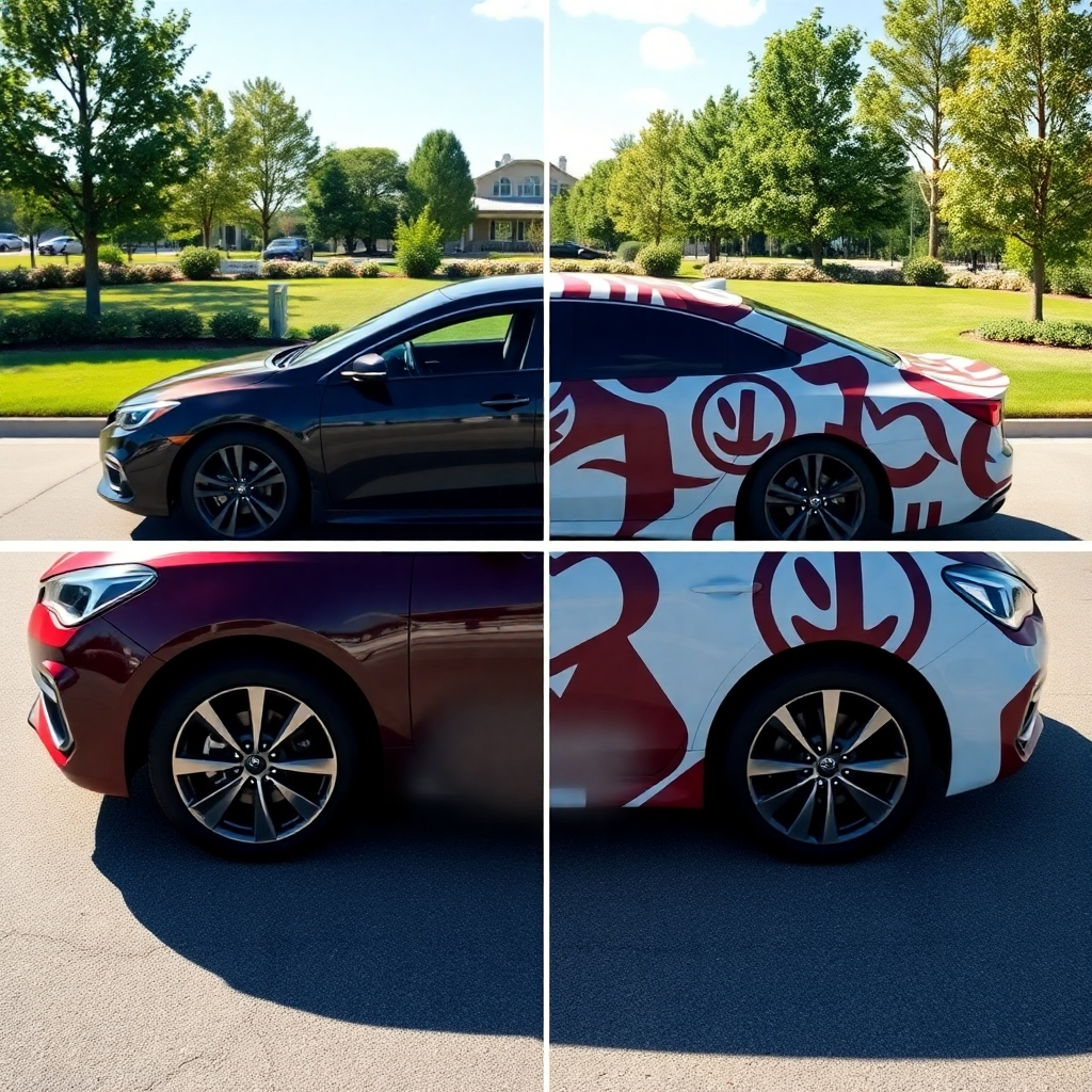 Photorealistic image: A side-by-side comparison shot of a standard-looking car versus a wrapped car. Both cars should be clean, but the wrapped one should stand out visually, implying higher value. The image should feature clear lighting and excellent quality to emphasize the benefits.