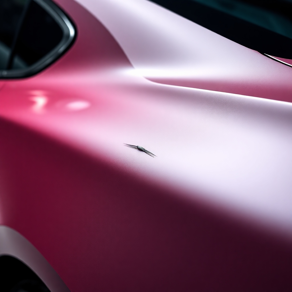 Photorealistic image: Focus on a specific section of a wrapped car, showing how the wrap is protecting the underlying paint. The image should capture details like a minor scratch or impact on the wrap, not penetrating to the paint underneath. Good lighting and crisp 4K resolution to showcase the protective features.