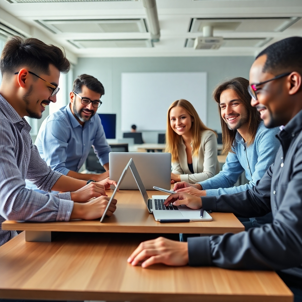 Photorealistic image of a diverse team of IT professionals collaborating around a table, using laptops and other technology. Camera angle: Slightly low, showing the team as capable and collaborative. Style: Modern, collaborative, and welcoming. Technical specs: 4K resolution