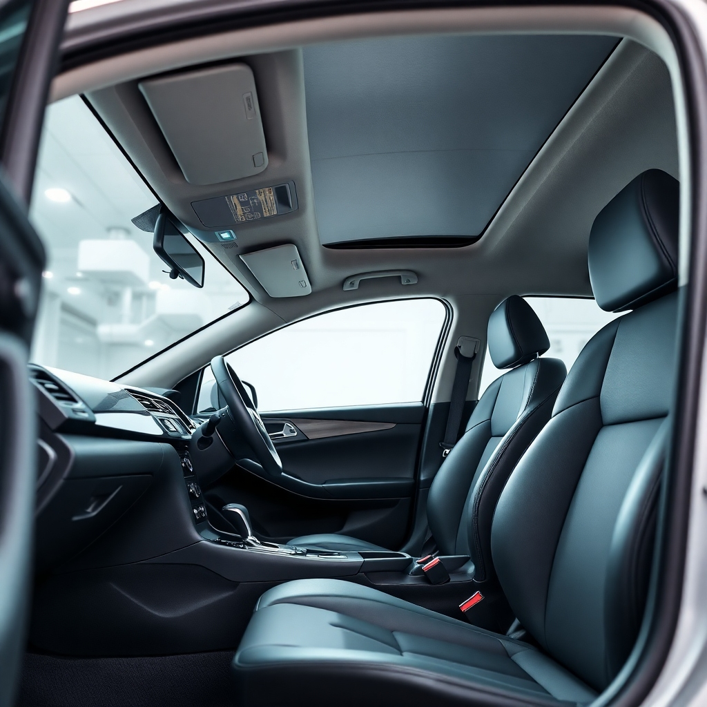 Photorealistic image of a spotless car interior after a professional detailing service. High quality, 4K resolution, bright lighting, showcasing the cleanliness and new look of the interior.