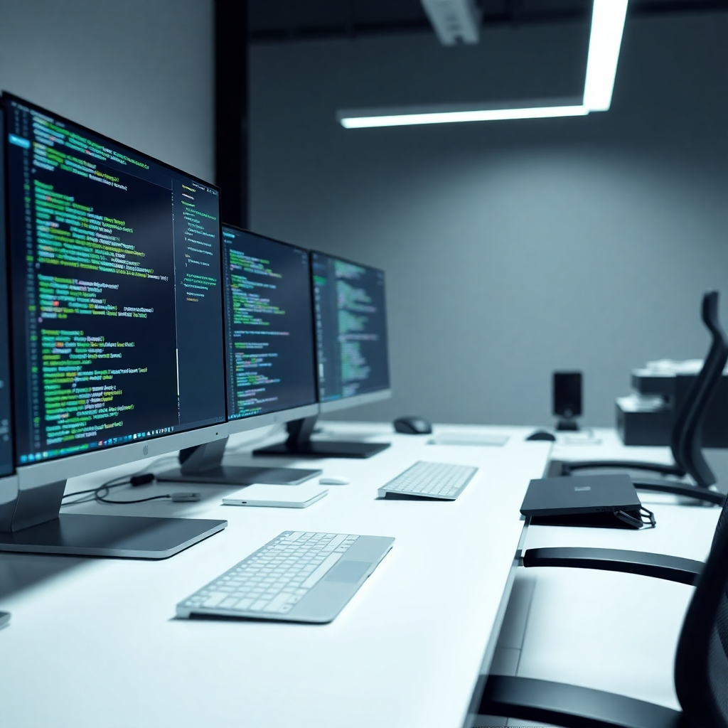  Produce a photorealistic image of a developer's workspace, depicting clean, functional code on multiple monitors. The image should be a medium shot, focusing on a well-organized workspace with clean lines. Lighting should be balanced and bright, highlighting the code. The color palette should be a gradient of blues, greens, and blacks, associated with coding. The camera angle should be slightly elevated, giving a clear view of the workspace. The overall texture should include the smooth surfaces of modern hardware and some visual representation of dynamic data. The environment should be modern and minimalist. Relevant props could include laptops, keyboards, and a variety of monitors displaying code.